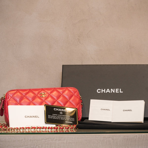 CHANEL　シャネル　マトラッセ　チェーンウォレット　ラムスキン　ローズピンク